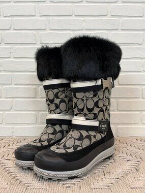 Coach Mariette Signature Canvas Fur-Cuff Winter Boots Black Size 7
